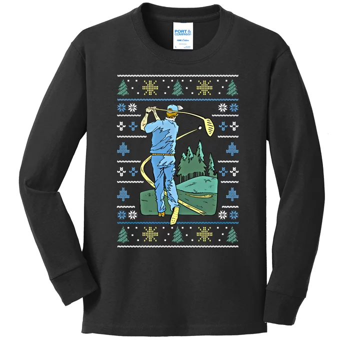 Cringey Golf Art Funny Ugly Christmas Sweater Style Golfing Gift Kids Long Sleeve Shirt