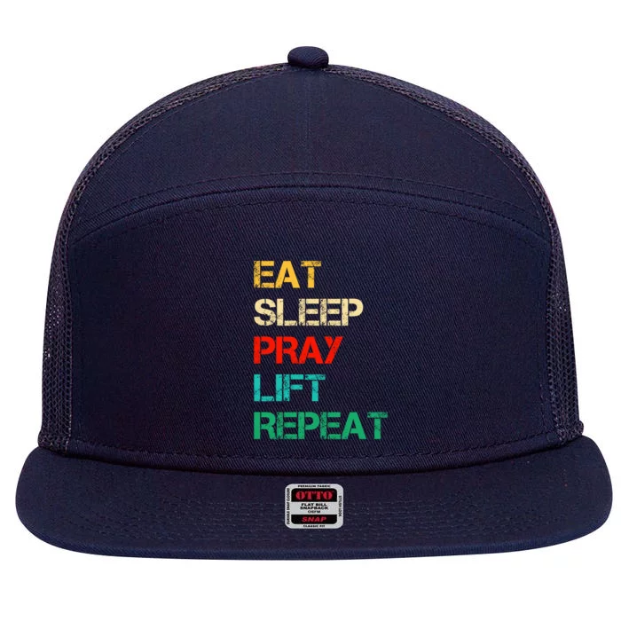 Christian Gym And Jesus Gym For Eat Sleep Pray Repeat Gift 7 Panel Mesh Trucker Snapback Hat