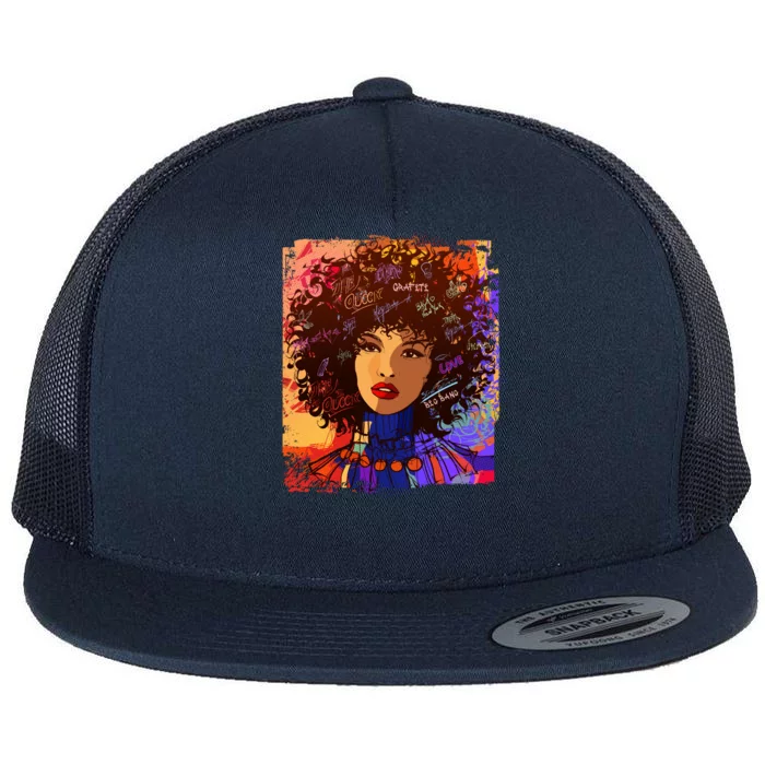 Coloful Graffiti Afro Woman Flat Bill Trucker Hat