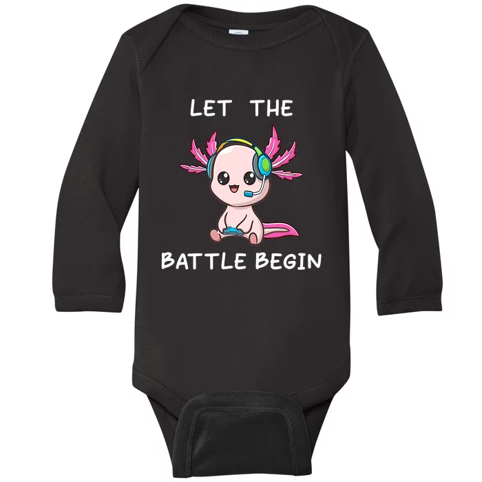 Cool gamer axolotl gaming funny saying Let the Battle Begin Baby Long Sleeve Bodysuit