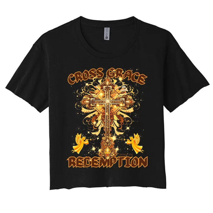 CROSS GRACE AND REDEMPTION Christian Design Women's Crop Top Tee