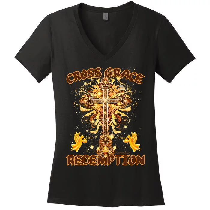 CROSS GRACE AND REDEMPTION Christian Design Women's V-Neck T-Shirt