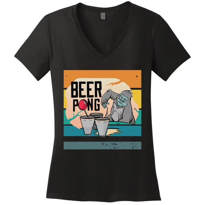 Cool Gorilla Beer Pong Playful Determined Toss Cups Red Ball Women's V-Neck T-Shirt