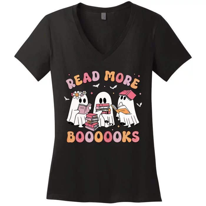 Cute Ghost Book Read More Books Funny Teachers Halloween Women's V-Neck T-Shirt