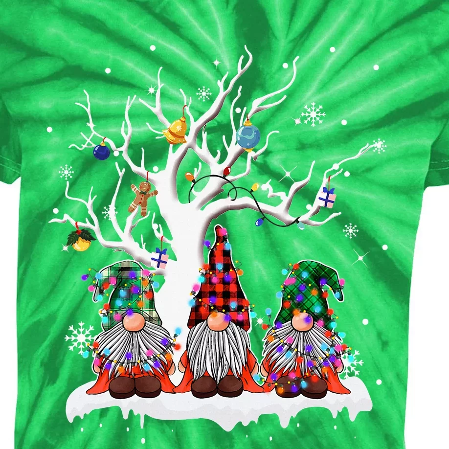 Cute Gnome Buffalo Plaid Christmas Tree Light Ugly Santa Hat Kids Tie-Dye T-Shirt