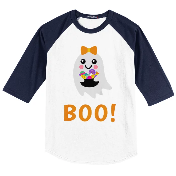 Cute Ghost Boo! With Sweets Halloween Baseball Sleeve Shirt