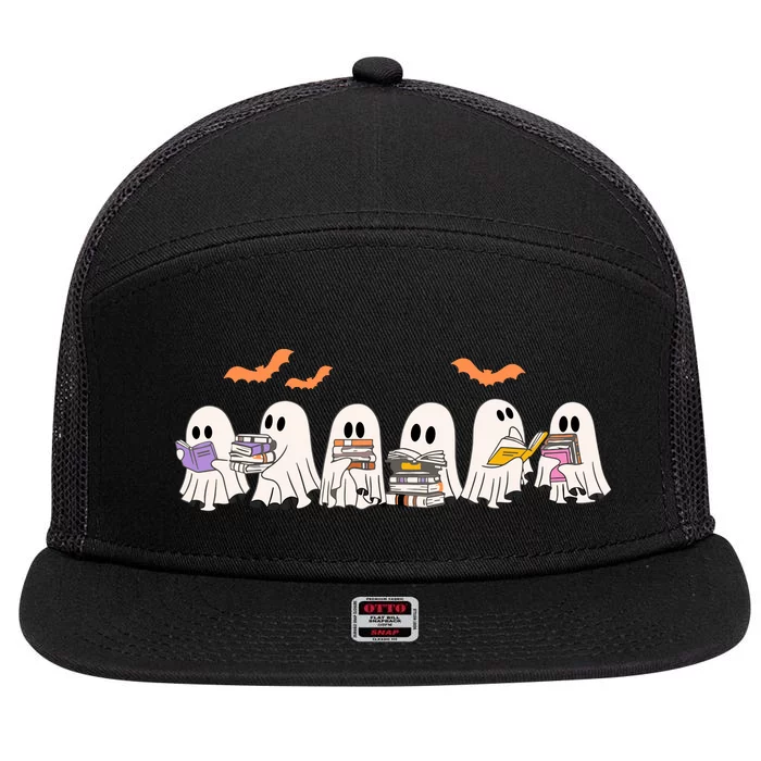 Cute Ghost Book Reading Halloween 7 Panel Mesh Trucker Snapback Hat