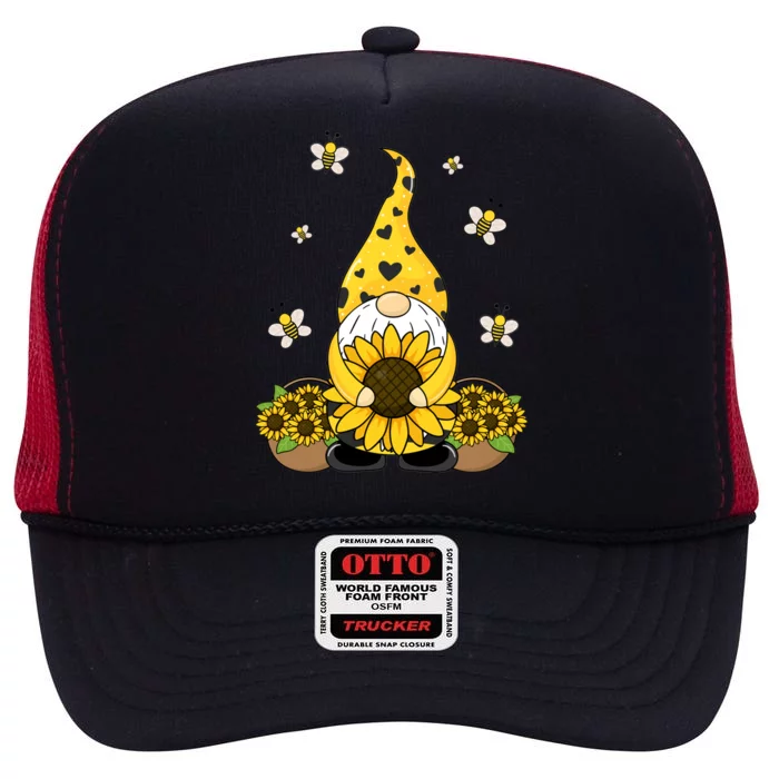 Cute Gnome Bee Summer Gnome Giant Sunflower Gnome Gift High Crown Mesh Trucker Hat