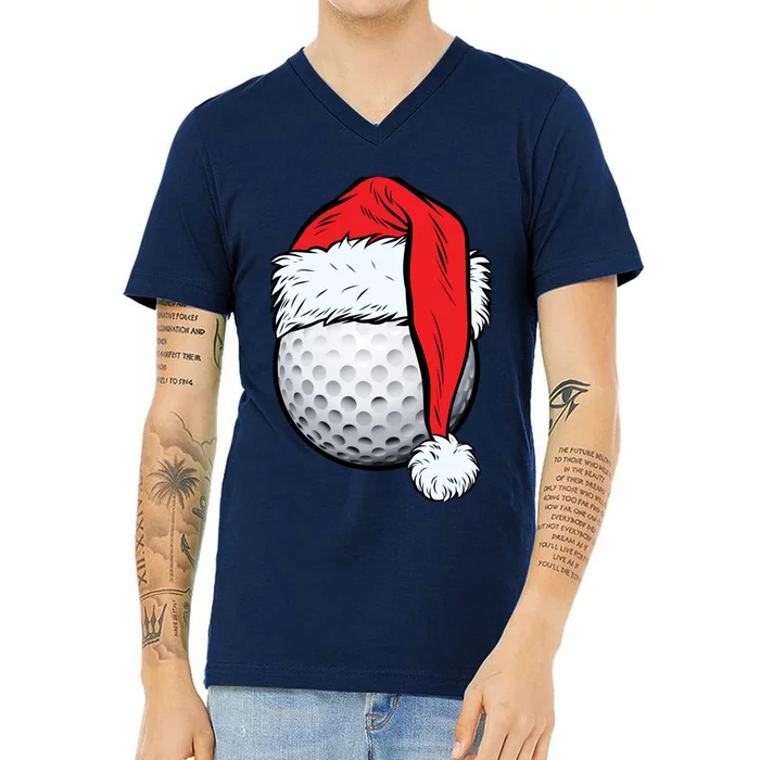 Christmas Golf Ball Santa Hat Funny Sport Xmas V-Neck T-Shirt