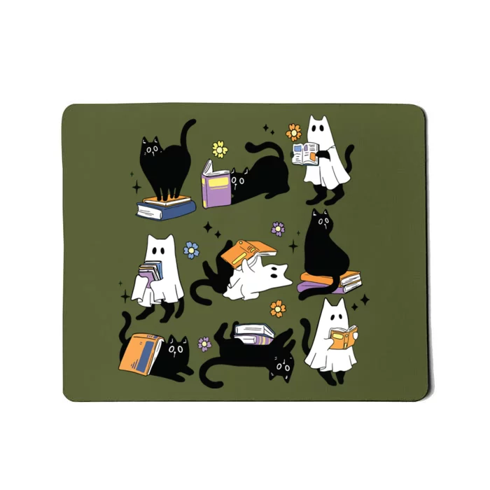 Cute Ghost Black Cat Reading Books Spooky Halloween Bookish Mousepad