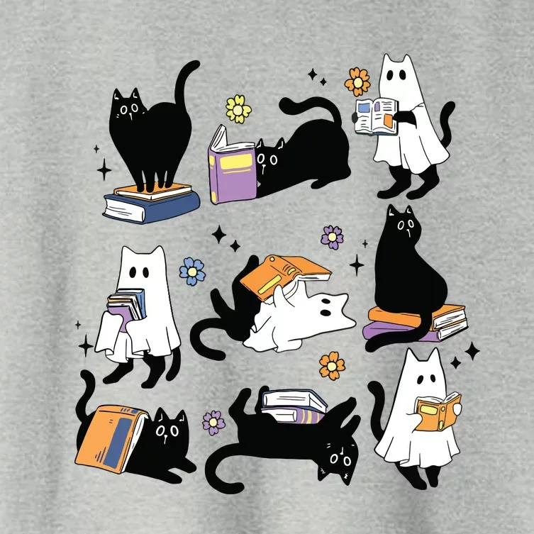 Cute Ghost Black Cat Reading Books Spooky Halloween Bookish Women's Crop Top Tee