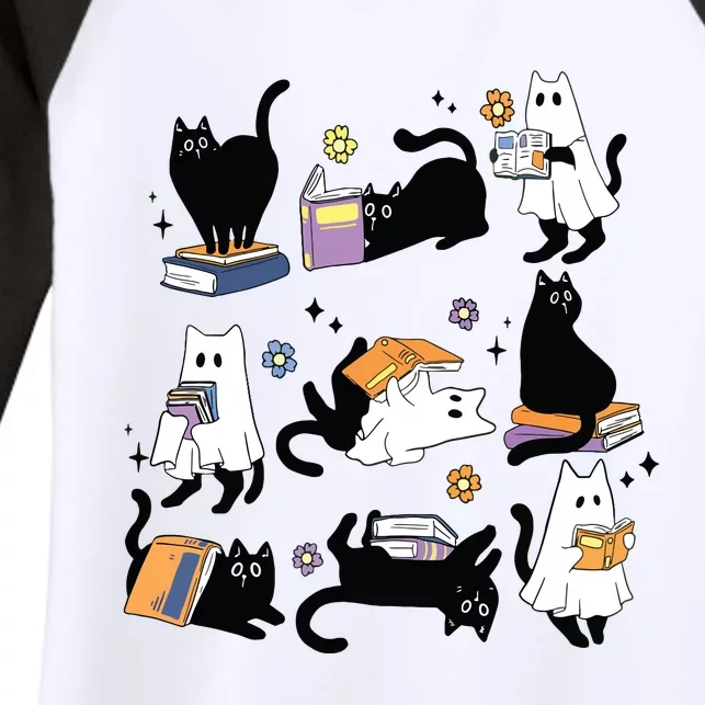 Cute Ghost Black Cat Reading Books Spooky Halloween Bookish Women's Tri-Blend 3/4-Sleeve Raglan Shirt