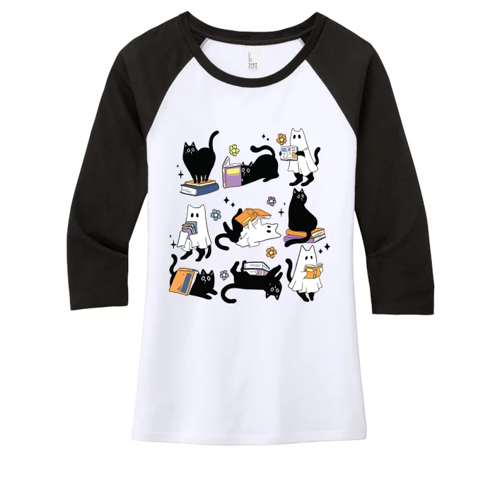 Cute Ghost Black Cat Reading Books Spooky Halloween Bookish Women's Tri-Blend 3/4-Sleeve Raglan Shirt