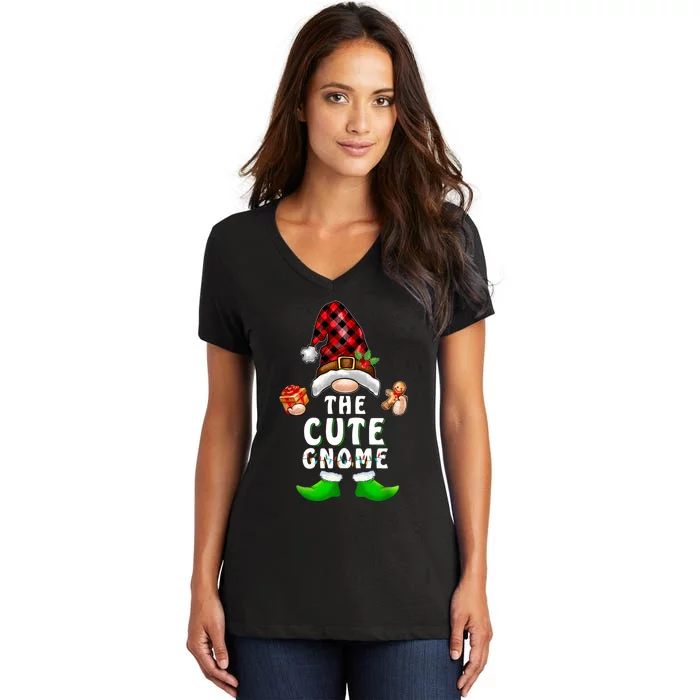 Cute Gnome Buffalo Plaid Matching Family Christmas Pajama Women's V-Neck T-Shirt