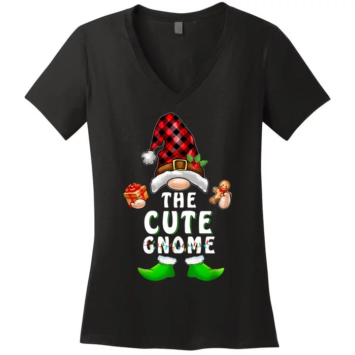 Cute Gnome Buffalo Plaid Matching Family Christmas Pajama Women's V-Neck T-Shirt