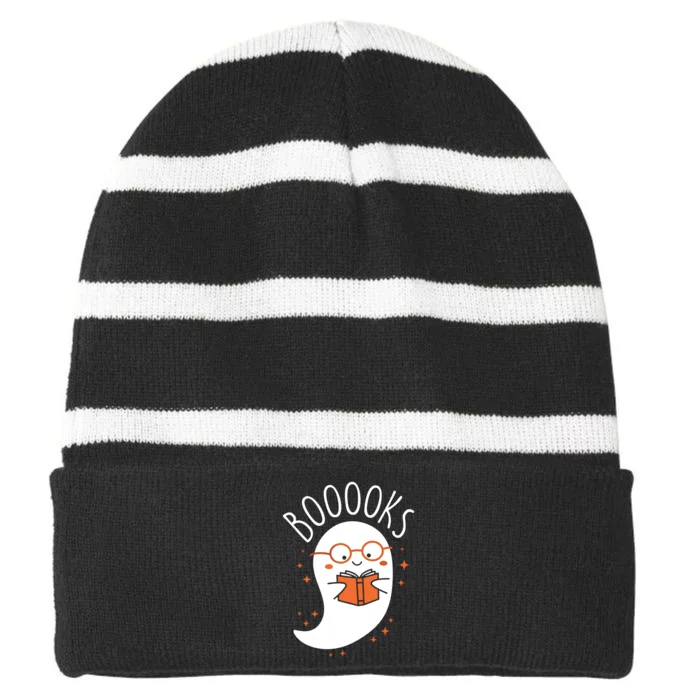 Cute Ghost Book Reading Halloween Teacher Top Long Sleeve Striped Beanie with Solid Band