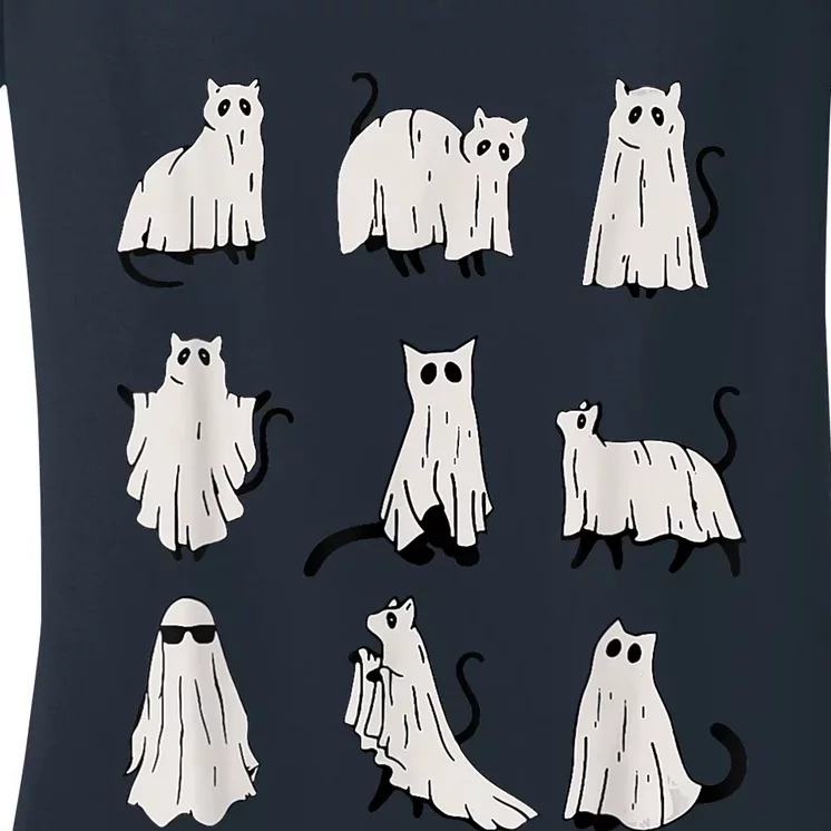 Cute Ghost Cat Funny Halloween Outfit Costumes Women's V-Neck T-Shirt