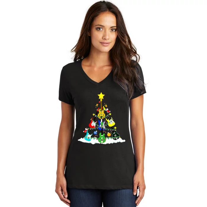 Cute Guitar Christmas Tree Music Stocking Stuffer Women's V-Neck T-Shirt