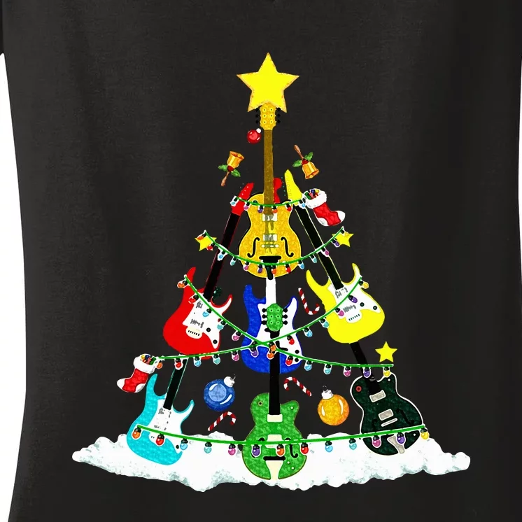 Cute Guitar Christmas Tree Music Stocking Stuffer Women's V-Neck T-Shirt