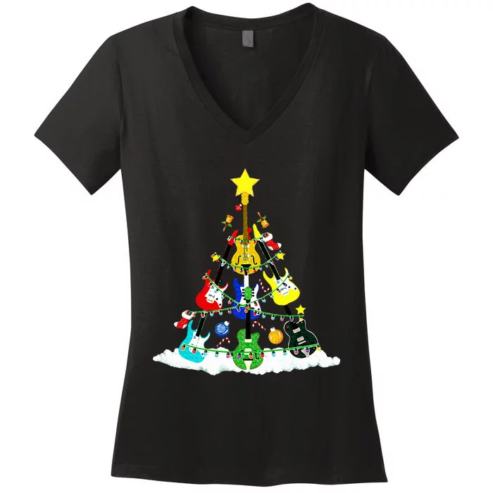 Cute Guitar Christmas Tree Music Stocking Stuffer Women's V-Neck T-Shirt