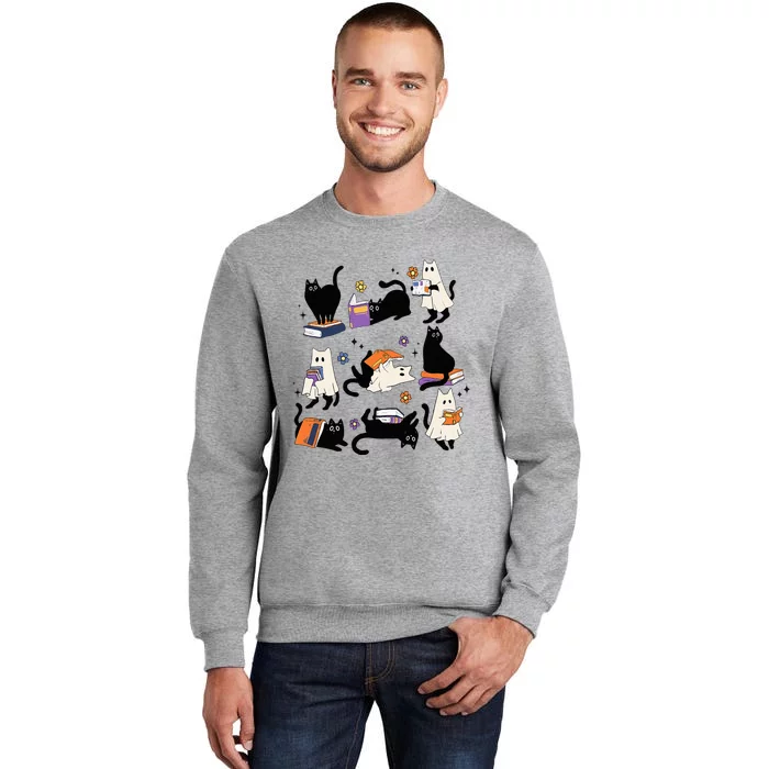 Cute Ghost Cat Reading Books Lover Bookish Halloween Spooky Tall Sweatshirt