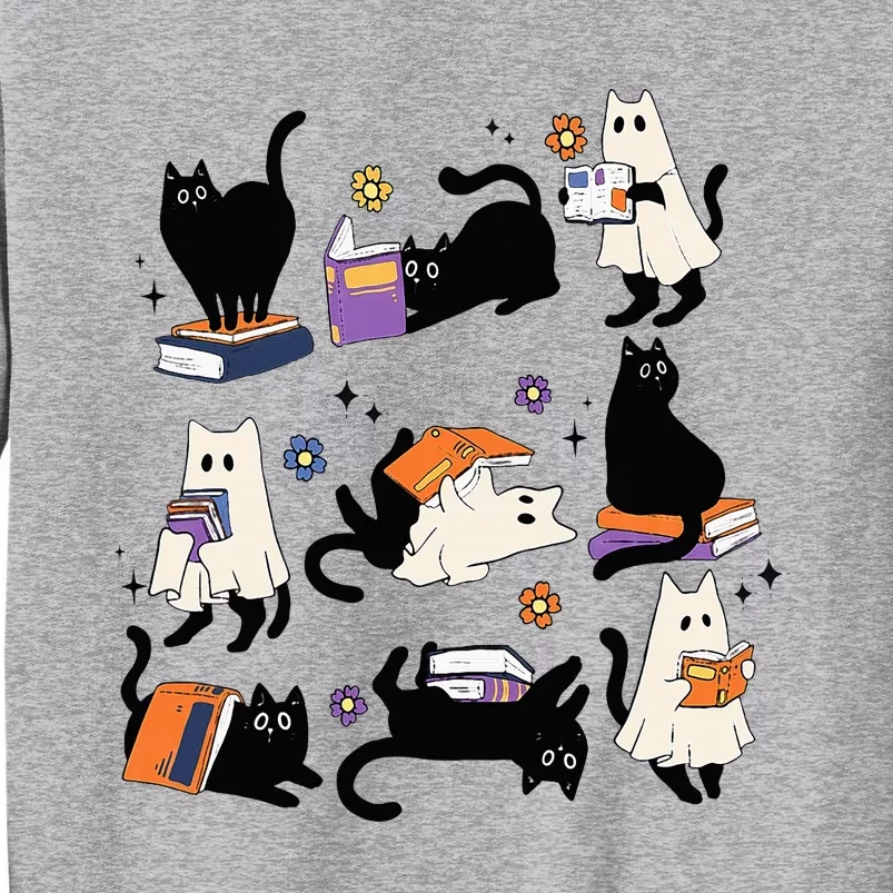 Cute Ghost Cat Reading Books Lover Bookish Halloween Spooky Tall Sweatshirt