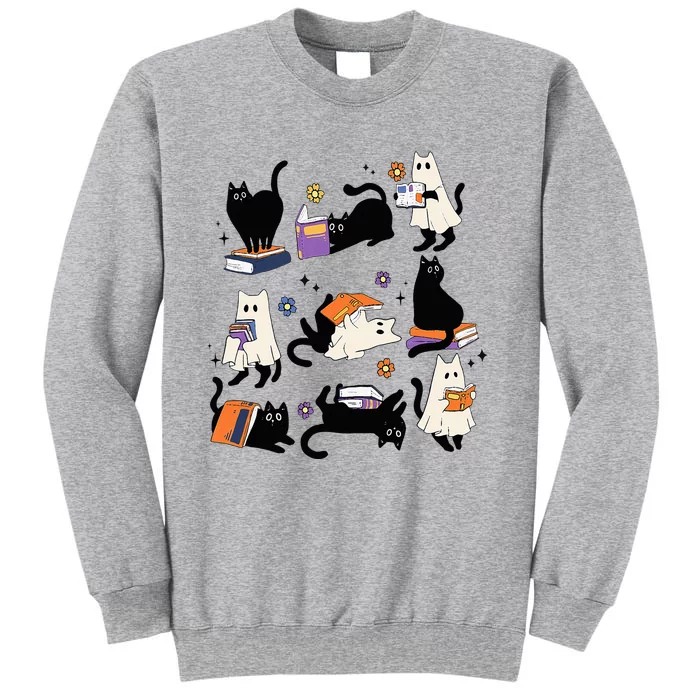 Cute Ghost Cat Reading Books Lover Bookish Halloween Spooky Tall Sweatshirt