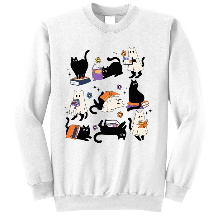 Cute Ghost Cat Reading Books Lover Bookish Halloween Spooky Sweatshirt