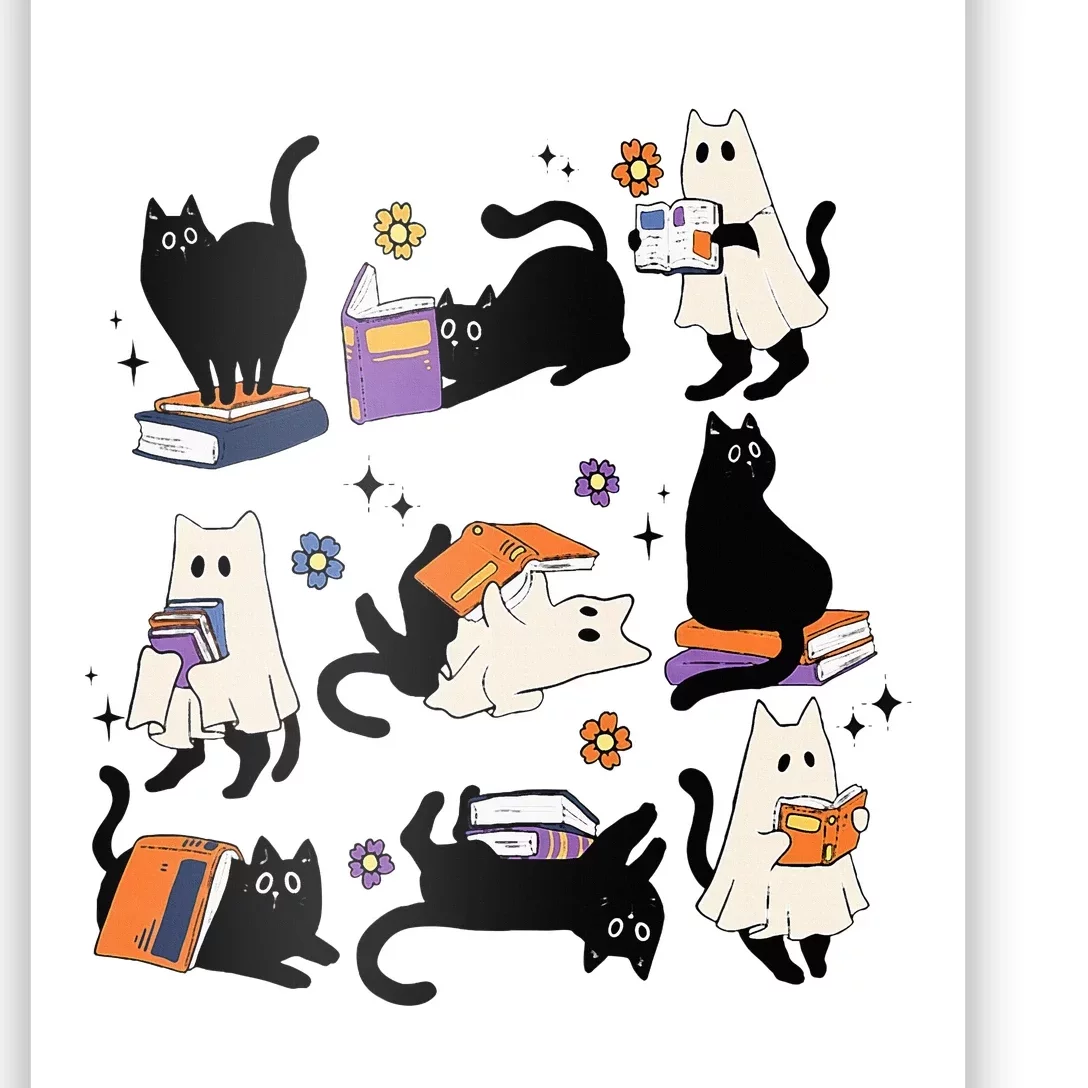 Cute Ghost Cat Reading Books Lover Bookish Halloween Spooky Poster