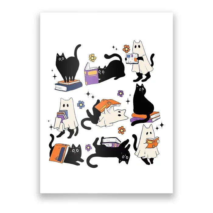 Cute Ghost Cat Reading Books Lover Bookish Halloween Spooky Poster