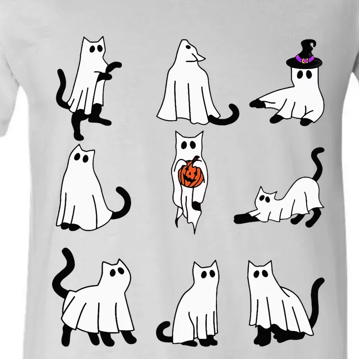 Cute Ghost Cat Funny Halloween Outfit Costumes Black Cat V-Neck T-Shirt