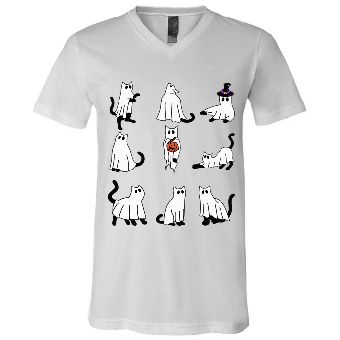 Cute Ghost Cat Funny Halloween Outfit Costumes Black Cat V-Neck T-Shirt