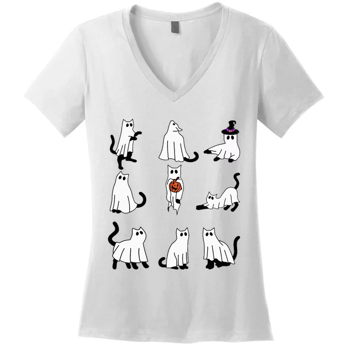 Cute Ghost Cat Funny Halloween Outfit Costumes Black Cat Women's V-Neck T-Shirt