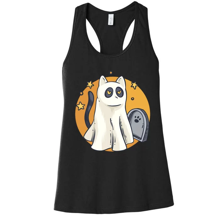 Cute Ghost Cat Funny Halloween Outfit Costumes Black Cat Women's Racerback Tank