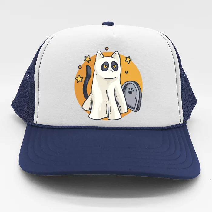 Cute Ghost Cat Funny Halloween Outfit Costumes Black Cat Trucker Hat