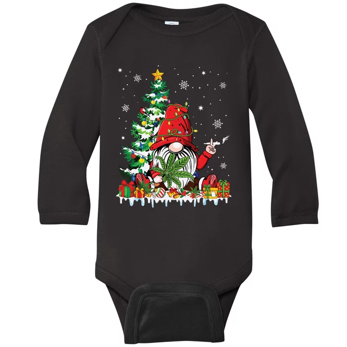 Cute Gnome Christmas Lights Funny Xmas Cannabis Marijuana Baby Long Sleeve Bodysuit