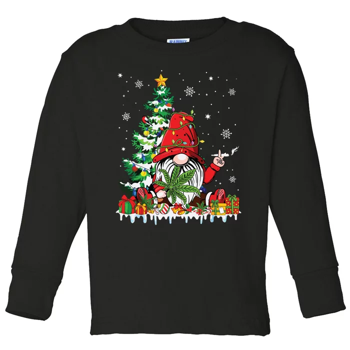 Cute Gnome Christmas Lights Funny Xmas Cannabis Marijuana Toddler Long Sleeve Shirt