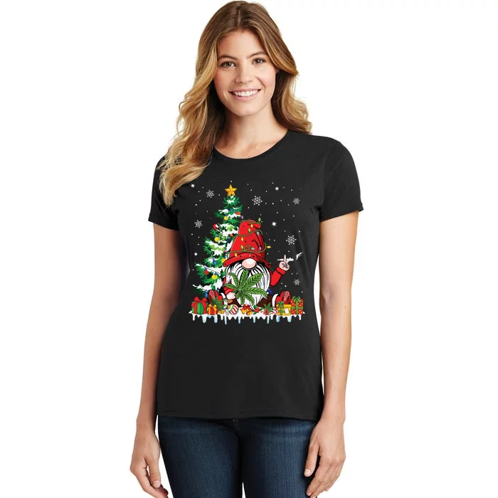 Cute Gnome Christmas Lights Funny Xmas Cannabis Marijuana Women's T-Shirt