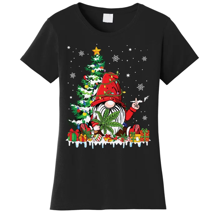 Cute Gnome Christmas Lights Funny Xmas Cannabis Marijuana Women's T-Shirt