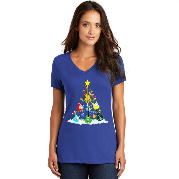 Cute Guitar Christmas Tree Music Stocking Stuffer Women's V-Neck T-Shirt