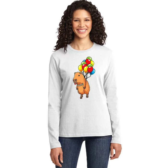 Capybara Giant Cavy Rodent With Balloons Capybara Ladies Long Sleeve Shirt