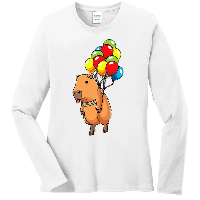 Capybara Giant Cavy Rodent With Balloons Capybara Ladies Long Sleeve Shirt