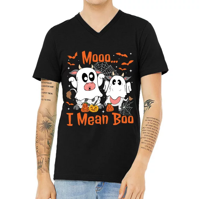 Cute Ghost Cow Moo I Mean Boo Halloween Funny Cow Lover V-Neck T-Shirt