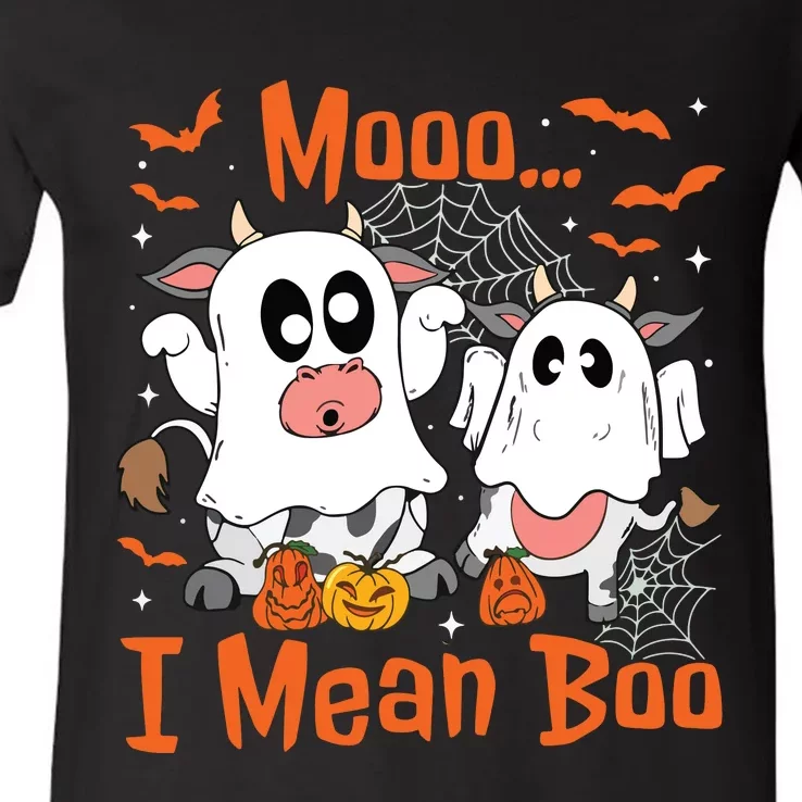 Cute Ghost Cow Moo I Mean Boo Halloween Funny Cow Lover V-Neck T-Shirt