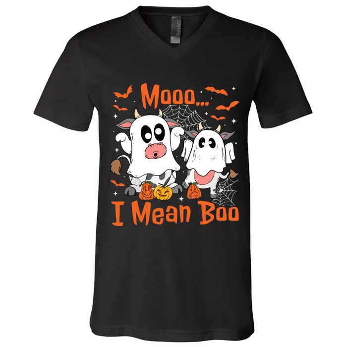 Cute Ghost Cow Moo I Mean Boo Halloween Funny Cow Lover V-Neck T-Shirt