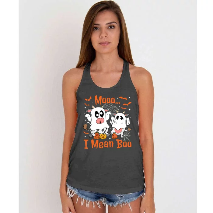 Cute Ghost Cow Moo I Mean Boo Halloween Funny Cow Lover Women's Knotted Racerback Tank