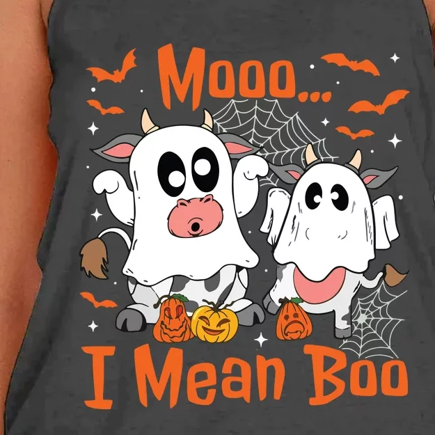 Cute Ghost Cow Moo I Mean Boo Halloween Funny Cow Lover Women's Knotted Racerback Tank