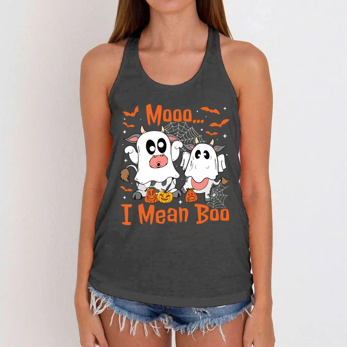 Cute Ghost Cow Moo I Mean Boo Halloween Funny Cow Lover Women's Knotted Racerback Tank