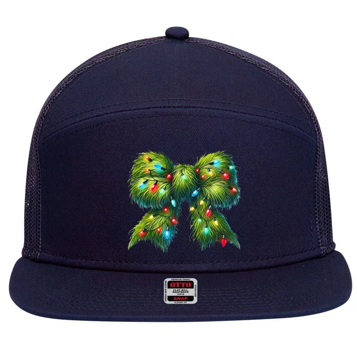 Christmas Green Coquette Bow Lights Christmas Coquette Bow 7 Panel Mesh Trucker Snapback Hat