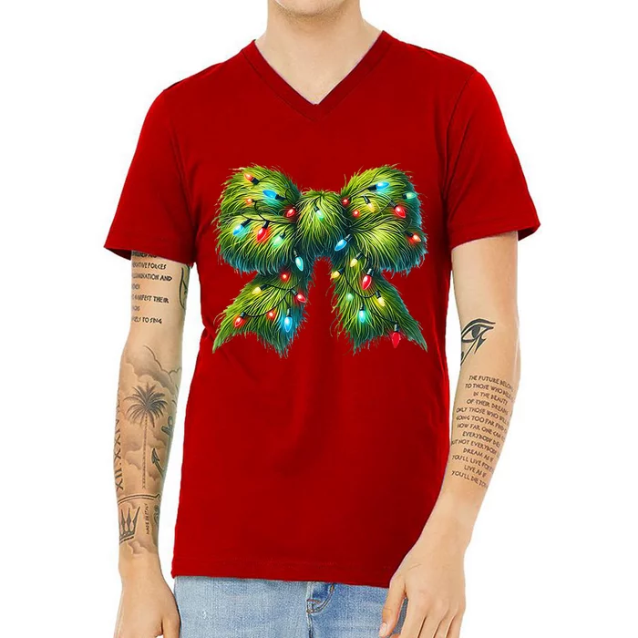 Christmas Green Coquette Bow Lights Christmas Coquette Bow V-Neck T-Shirt